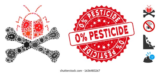 Infected collage pesticide icon and round grunge stamp seal with 0% Pesticide phrase. Mosaic vector is designed with pesticide icon and with scattered flu icons.