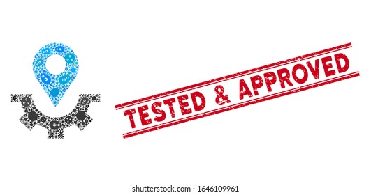 Icono de marcador de mapa de servicio de collage infectado y sello rojo probado y aprobado entre líneas paralelas dobles. El vector mosaico se forma con un icono de marcador de mapa de servicio y con elementos de microorganismos aleatorizados.