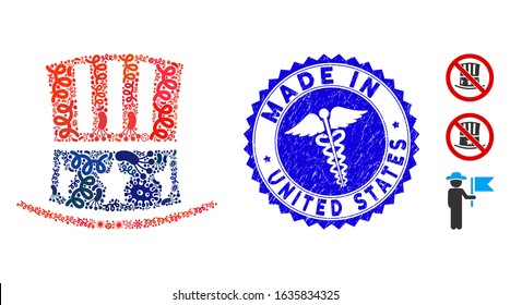 Infected collage Uncle Sam hat icon and rounded corroded stamp seal with Made in United States phrase and medic icon. Mosaic vector is created with Uncle Sam hat icon and with random pandemic objects.