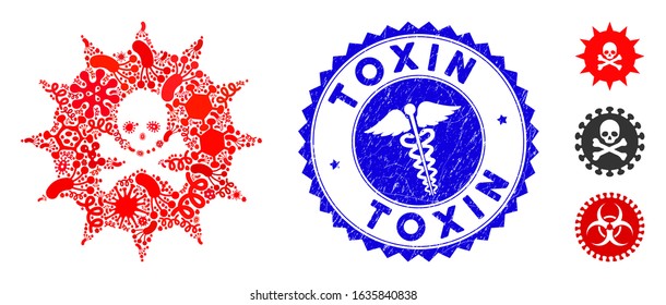 Infected Collage Viral Toxin Icon And Round Corroded Stamp Seal With Toxin Text And Clinic Sign. Mosaic Vector Is Designed With Viral Toxin Icon And With Scattered Bacteria Items.