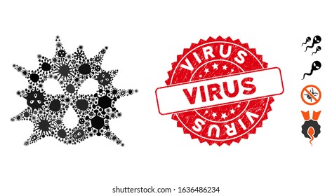 Infected collage virus icon and rounded grunge stamp watermark with Virus phrase. Mosaic vector is composed with virus icon and with randomized microorganism symbols. Virus stamp uses red color,