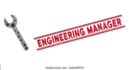Infected collage wrench icon and red Engineering Manager seal between double parallel lines. Mosaic vector is designed with wrench icon and with scattered microorganism elements.