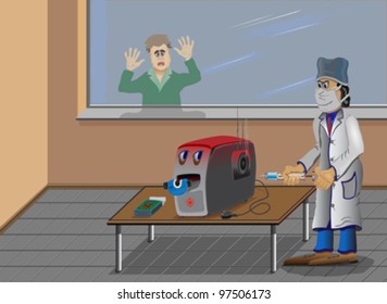  Infected computer is on the table.  The doctor gives him an injection from a syringe.