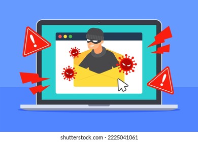 Infected email with hacker and viruses. System warning alert of internet threat or hacking concept. Computer virus, malware, ransomware, or trojan. Flat cartoon vector illustration. Antivirus icon.