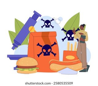 Infected fast food. Woman near hamburger, hot dog and french fries. Young girl with microscope examines composition of food. Microbiological studies. Flat vector illustration