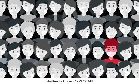 Infected man between crowd of people with protective medical masks | Vector illustration