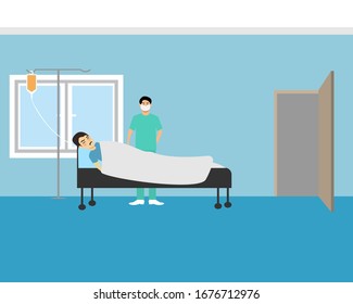 infected man patient in hospital corona virus, covid19, pandemic. fever, healthcare, disease, mask wearing nurse doctor at room vector illustration icon background