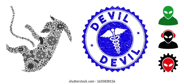 Infected mosaic alien embryo icon and rounded distressed stamp seal with Devil phrase and clinic icon. Mosaic vector is formed with alien embryo pictogram and with randomized pandemic objects.