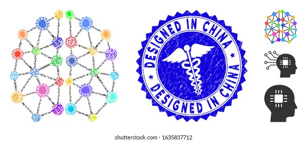 Infected mosaic artificial brain icon and rounded corroded stamp seal with Designed in China phrase and medical icon.