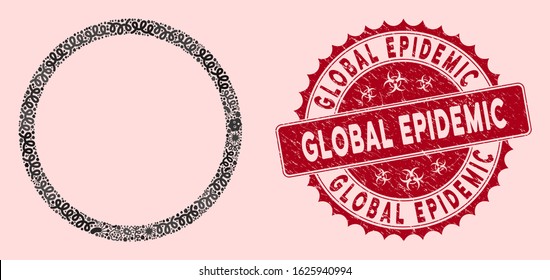 Infected mosaic circle bubble icon and round distressed stamp watermark with Global Epidemic caption. Mosaic vector is created with circle bubble icon and with randomized microbe cell elements.