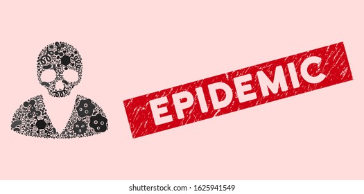 Infected mosaic death man icon and rectangular distressed stamp seal with Epidemic caption. Mosaic vector is created with death man icon and with random contagion items.