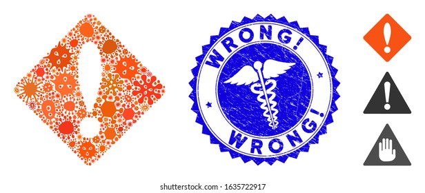 Infected Mosaic Error Icon And Rounded Rubber Stamp Seal With Wrong! Text And Medical Icon. Mosaic Vector Is Created From Error Icon And With Scattered Amoeba Symbols. Wrong! Seal Uses Red Color,