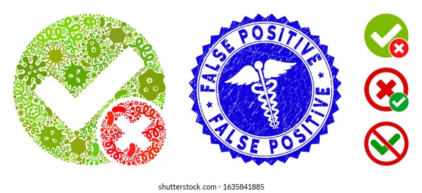 Infected mosaic false positive icon and round grunge stamp seal with False Positive phrase and healthcare sign. Mosaic vector is designed with false positive icon and with random bacteria symbols.