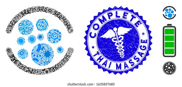 Infected mosaic full icon and rounded distressed stamp seal with Complete Thai Massage caption and caduceus sign. Mosaic vector is composed with full icon and with scattered infection elements.