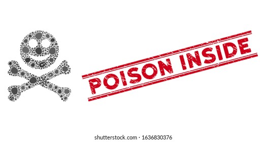 Infected mosaic happy death icon and red Poison Inside seal stamp between double parallel lines. Mosaic vector is composed from happy death pictogram and with random flu symbols.