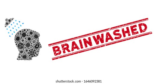 Infizierte Mosaikkopfdusche Ikone und rote Brainwussiegelstempel zwischen doppelten parallelen Linien. Mosaike Vektorillustration entsteht aus einer Kopfduschsymbol und aus zerstreuten Virusobjekten.