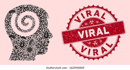 Infected mosaic hypnosis icon and rounded distressed stamp seal with Viral caption. Mosaic vector is composed from hypnosis icon and with random bacterium items. Viral stamp seal uses red color,