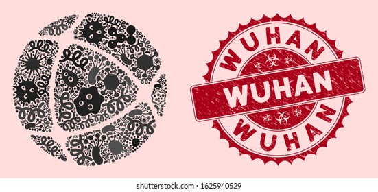 Infected mosaic internet icon and round grunge stamp seal with Wuhan text. Mosaic vector is designed with internet icon and with random viral symbols. Wuhan stamp seal uses red color,