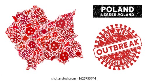 Infected mosaic Lesser Poland Voivodeship map and red grunge stamp seal with OUTBREAK text. Lesser Poland Voivodeship map collage composed with randomized bacillus items.