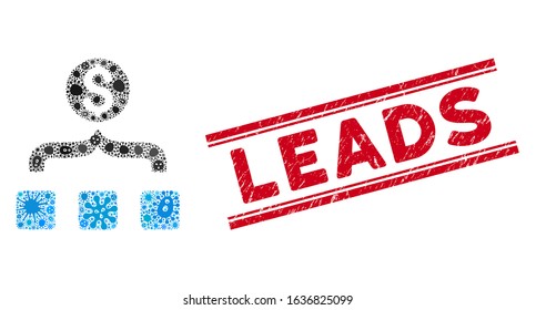 Infected mosaic money aggregator icon and red Leads seal between double parallel lines. Mosaic vector is formed with money aggregator icon and with randomized epidemic elements.