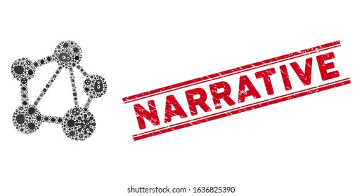 Infected mosaic network icon and red Narrative seal between double parallel lines. Mosaic vector is formed from network icon and with randomized microbe cell symbols.