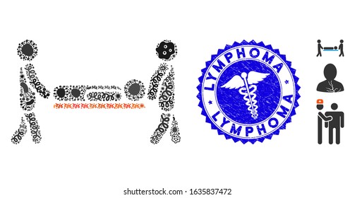 Infected mosaic patient stretcher icon and round rubber stamp watermark with Lymphoma phrase and serpents icon. Mosaic vector is composed with patient stretcher icon and with random flu icons.