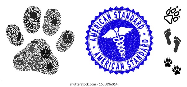 Infected mosaic paw footprint icon and round grunge stamp seal with American Standard phrase and serpents sign. Mosaic vector is designed with paw footprint icon and with scattered microbe items.