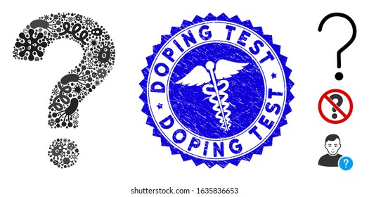 Infected mosaic question icon and round rubber stamp seal with Doping Test caption and clinic icon. Mosaic vector is composed with question icon and with random infectious elements.