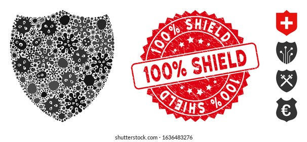 Infected mosaic shield icon and rounded grunge stamp watermark with 100% Shield text. Mosaic vector is formed with shield icon and with random pandemic elements. 100% Shield stamp uses red color,