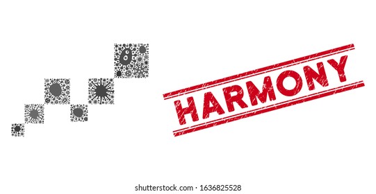 Infected mosaic square blockchain icon and red Harmony seal stamp between double parallel lines. Mosaic vector is created with square blockchain icon and with scattered microbe cell symbols.
