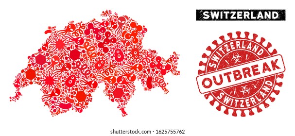 Infected mosaic Switzerland map and red grunge stamp watermark with OUTBREAK words. Switzerland map collage constructed with scattered amoeba items.