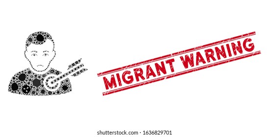 Infected mosaic target man icon and red Migrant Warning stamp between double parallel lines. Mosaic vector is formed with target man icon and with randomized amoeba symbols.