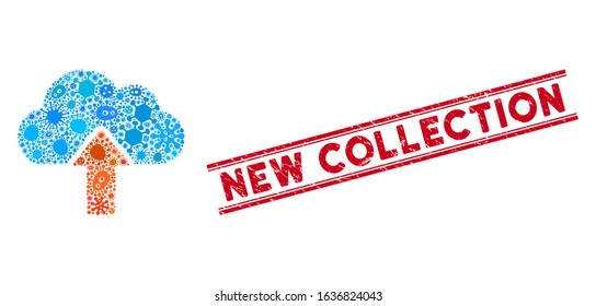 Infected mosaic upload to cloud icon and red New Collection stamp between double parallel lines. Mosaic vector is created with upload to cloud pictogram and with scattered epidemic items.