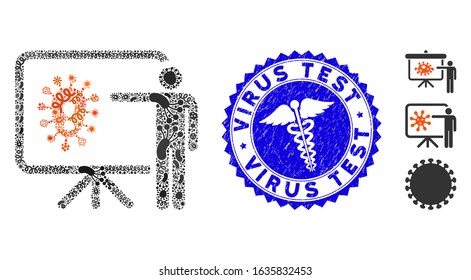 Infected mosaic virus lecture icon and round grunge stamp watermark with Virus Test phrase and clinic symbol. Mosaic vector is created with virus lecture icon and with randomized infectious items.