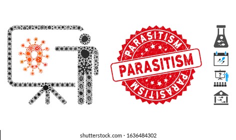 Infected mosaic virus lecture icon and round rubber stamp seal with Parasitism text. Mosaic vector is formed with virus lecture pictogram and with randomized contagion objects.