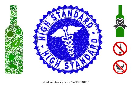Infected mosaic wine bottle icon and round rubber stamp seal with High Standard text and healthcare sign. Mosaic vector is designed with wine bottle icon and with scattered infection icons.