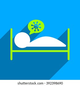 Infected Patient Bed long shadow vector icon. Style is a flat infected patient bed iconic symbol on a blue square background.