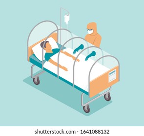 Infected patient lying in special isolated capsule. flat vector illustration
  Coronavirus COVID-19 outbreak in Europe concept  