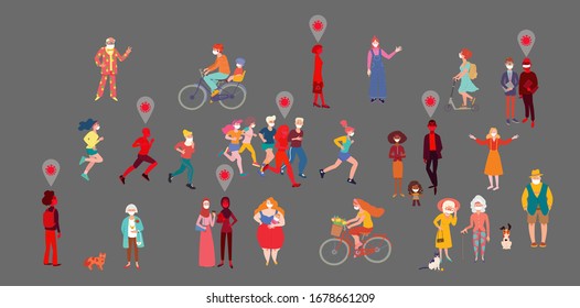 Infected people among healthy. Virus transmission, infection outbreak
Gatherings of different persons running, walking, cycling taking a stroll facing infection from virus and getting sick.