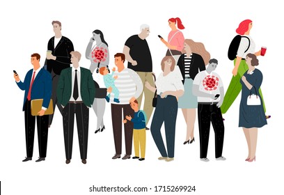 Infected people in crowd. Virus carriers, epidemic spreading across planet. People infect others, adults and children. Coronavirus Covid 19 pandemic vector illustration