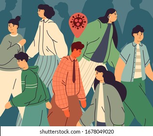 Infected person among healthy people. Crowd of men and women in the city during virus epidemic outbreak. Coronavirus pandemic. Disease transmission. Vector illustration in flat cartoon style