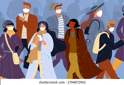 Infected person among healthy people in face mask. Man woman wearing protection medical respiratory facemask to protect prevent coronavirus infection. Woman without protection suffering from fever