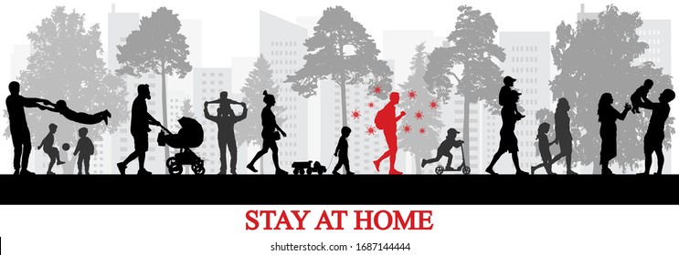 Infected person by coronavirus walking among healthy people in park. Stay at home to be healthy. Vector illustration.