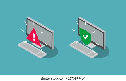 Símbolos de computadoras de escritorio infectados y protegidos, aislados en fondo azul. Diseño plano, fácil de usar para su sitio web o presentación.