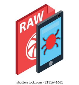 Infected smartphone icon isometric vector. Smartphone with bug, raw file format. Malware, mobile fraud, online scam