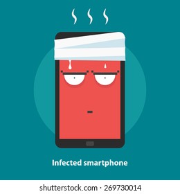 Infected smartphone, overheating, computer first aid - isolated flat vector illustration.