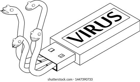 Infected USB flash drive virus. Abstract worms crawl out of a flash drive.