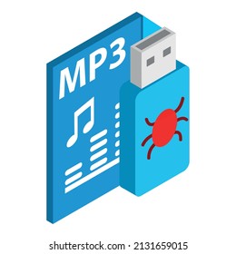 Infected Usb Icon Isometric Vector. Flash Drive With Virus And Mp3 File Format. Dangerous Software, Computer Virus, Cybercrime