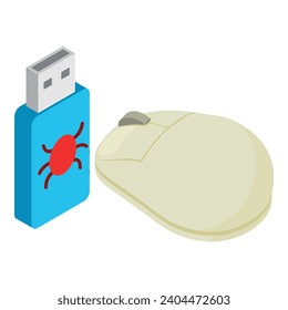 Vector isométrico del icono usb infectado. Flash drive con virus y ratón inalámbrico. Software peligroso, virus informáticos, ciberdelito