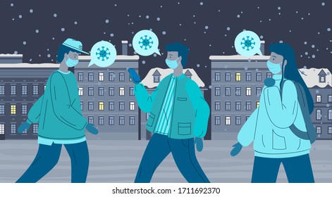 Infected virus people wearing face medical masks walking outdoors at night. Young people carrier of virus. Man and woman spread virus and don't keep of self-isolation. Concept of viral epidemic